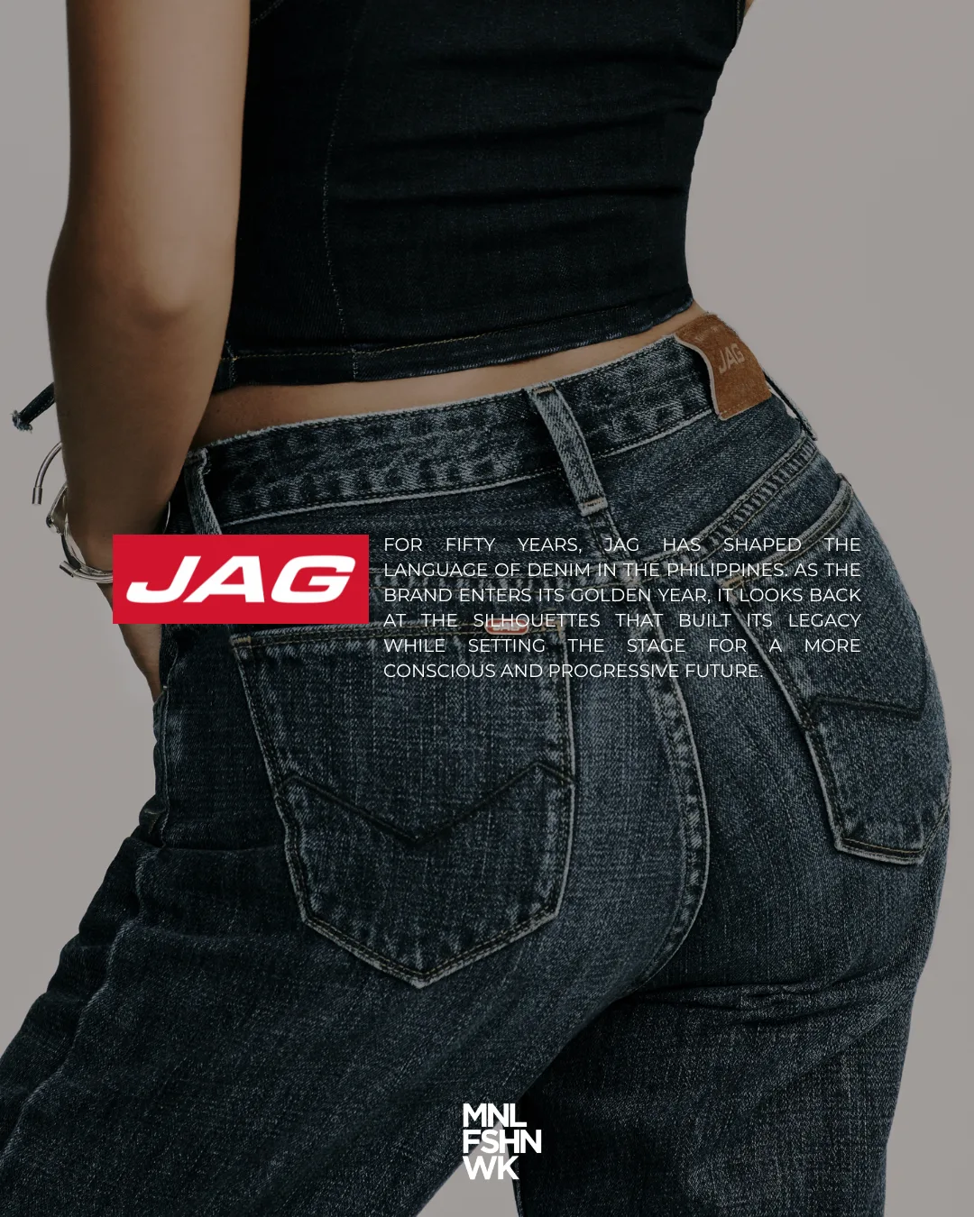 Close view of JAG denim and its fifty-year campaign statement