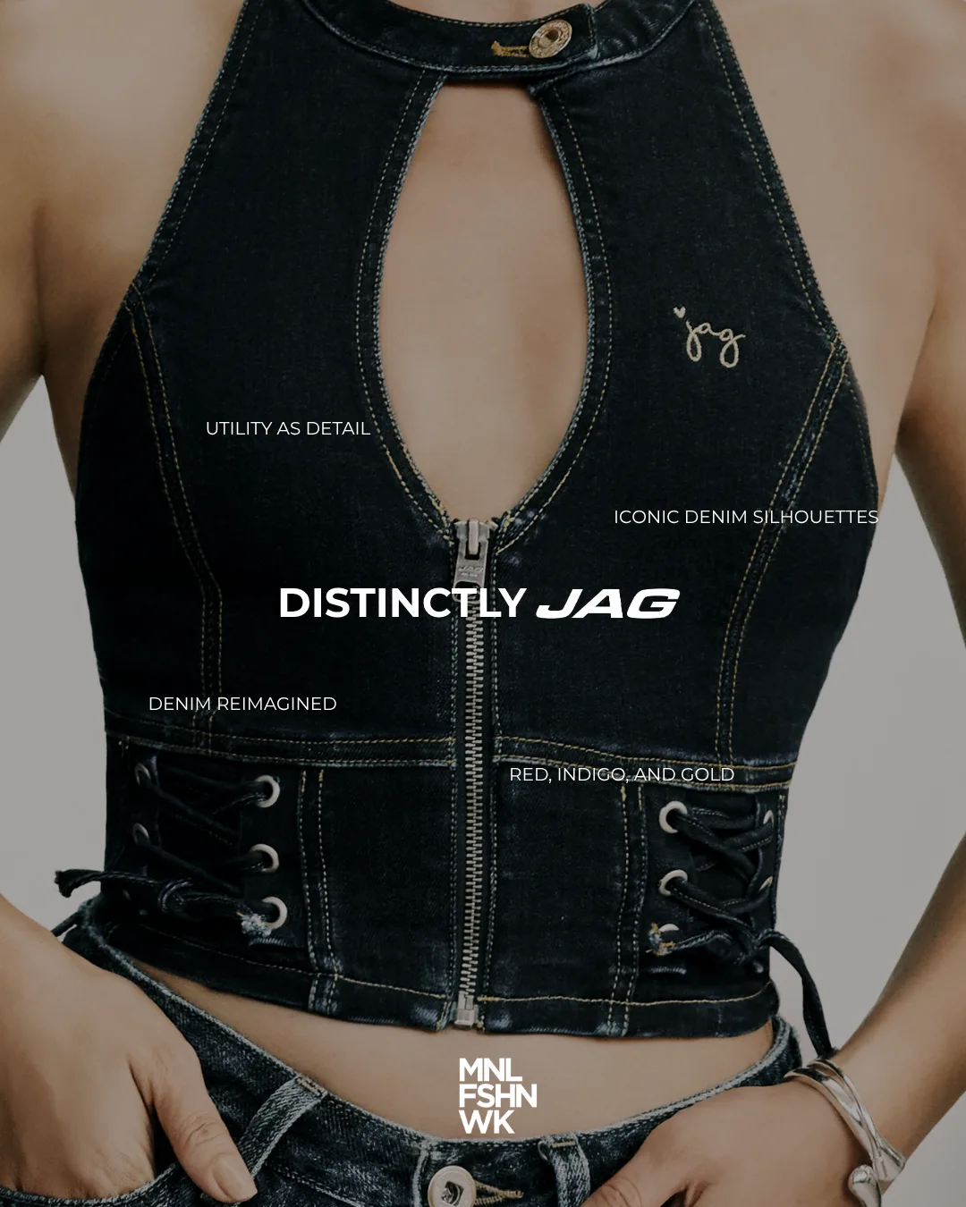 JAG dark denim corset highlighting utility details and signature stitching
