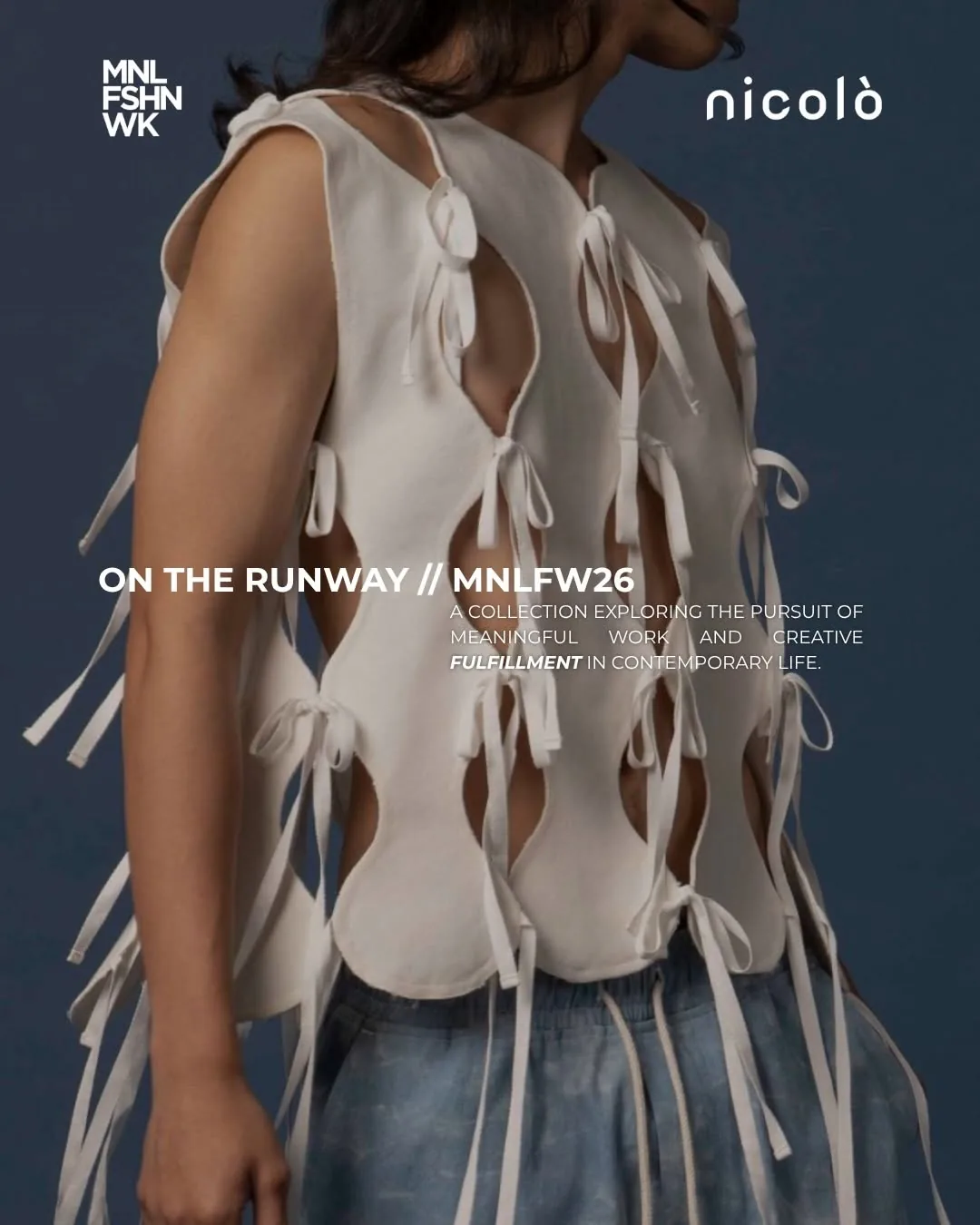 Ivory cut-out vest from Nicolò held together by dozens of hand-tied tapes