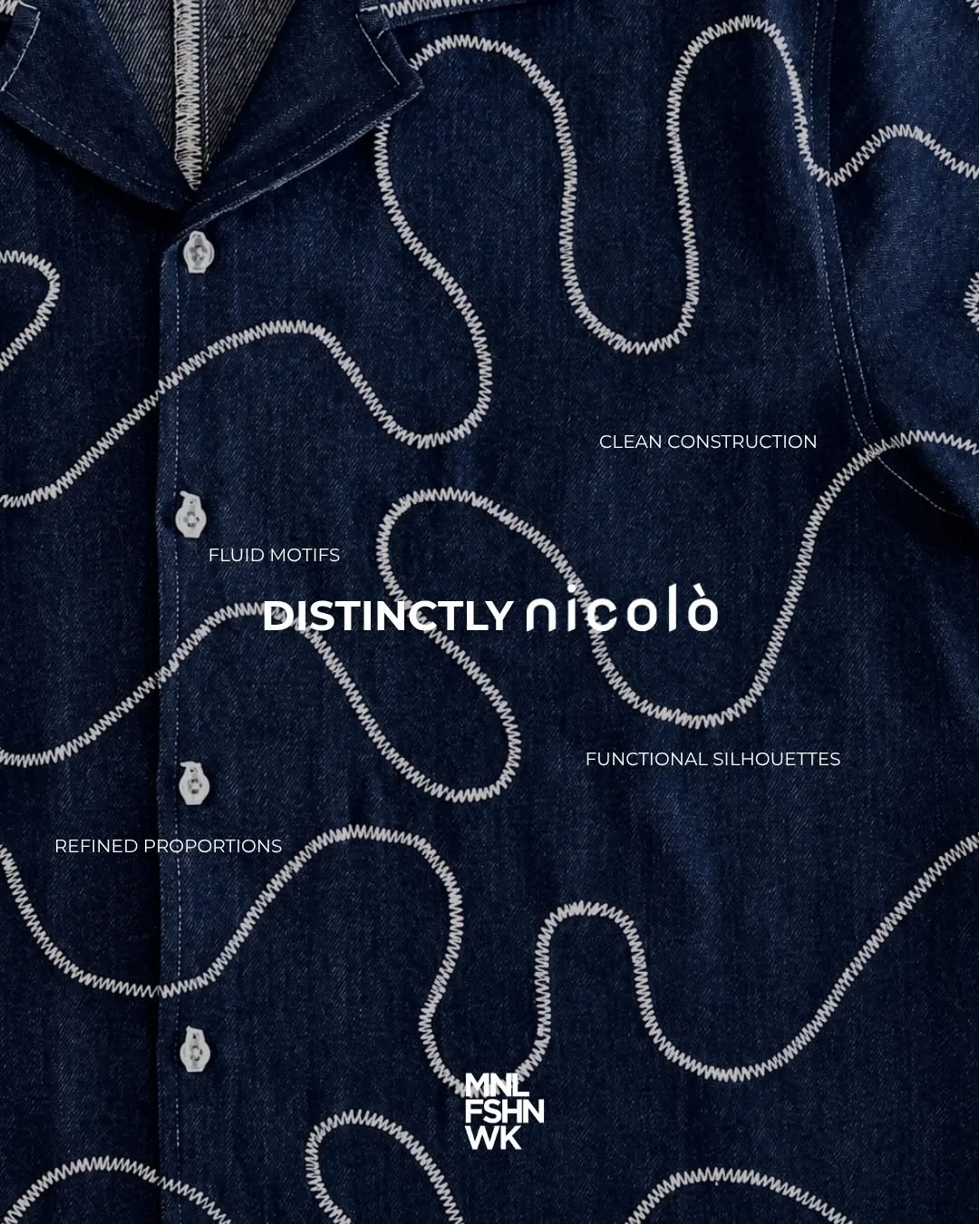 Dark denim shirting by Nicolò embroidered with looping white stitch lines