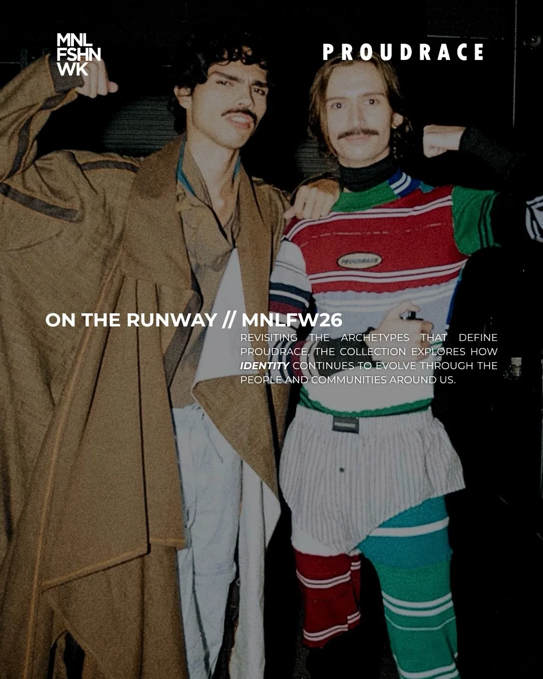 Proudrace duo backstage in a camel trench coat and a striped varsity knit branded with the label's oval logo