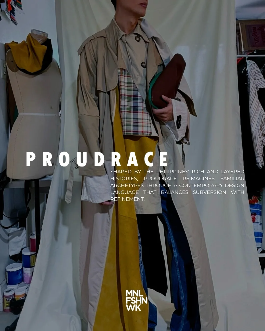 Proudrace layered trench coat in tan suede and mustard, styled over plaid and denim in the label's tailoring studio