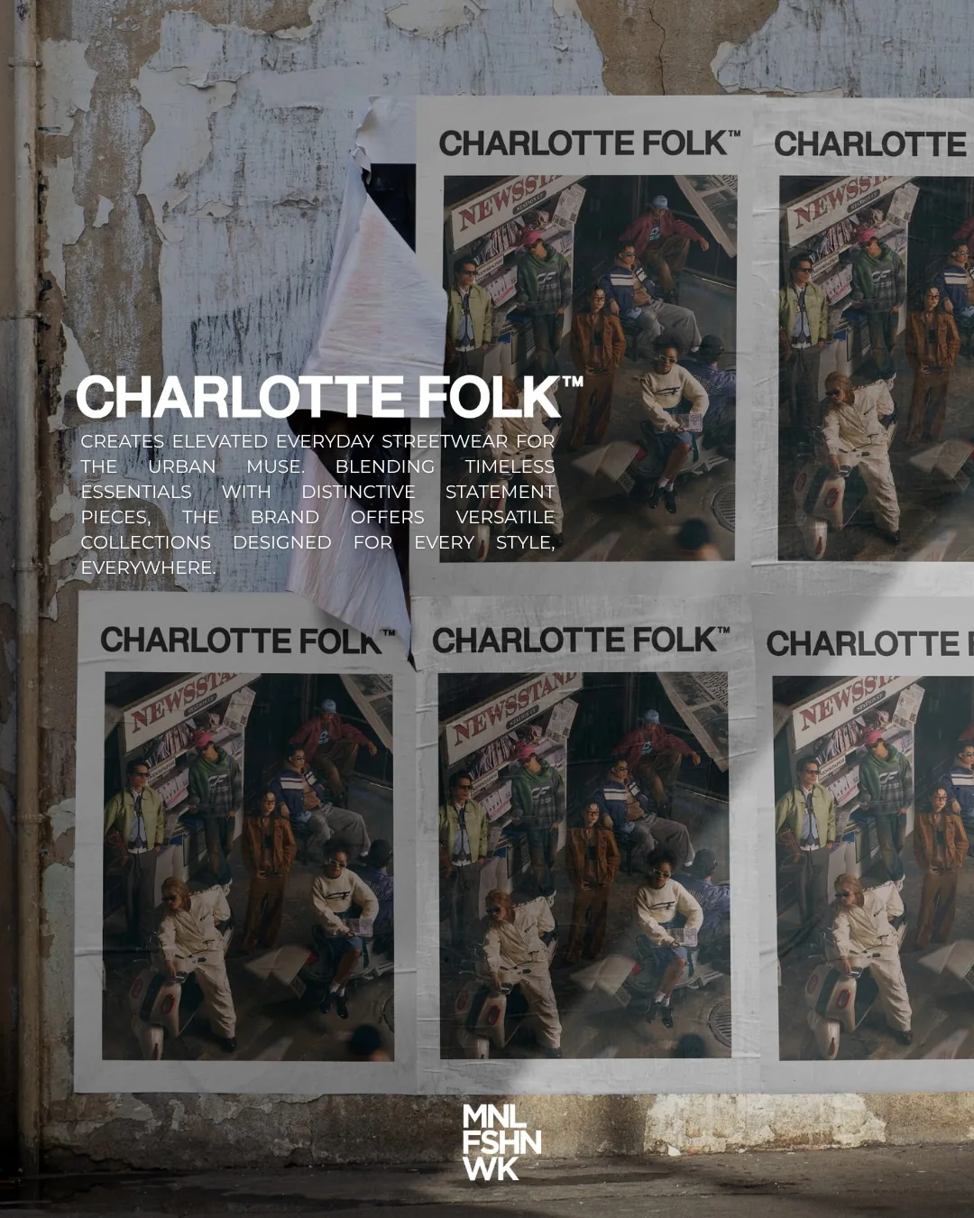 Wheatpasted Charlotte Folk campaign posters papered across a weathered wall, repeating a scooter-and-newsstand street scene