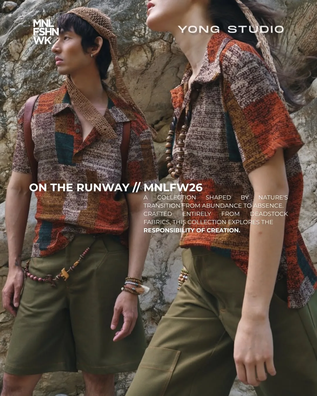 Two models in patchwork-print shirting and olive shorts from Yong Studio