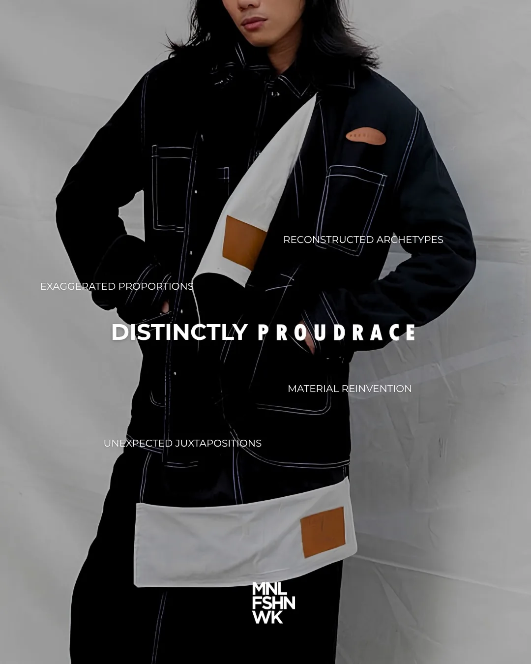 Close crop of a black contrast-stitched Proudrace jacket with tan leather patch pockets and an ivory triangle inset