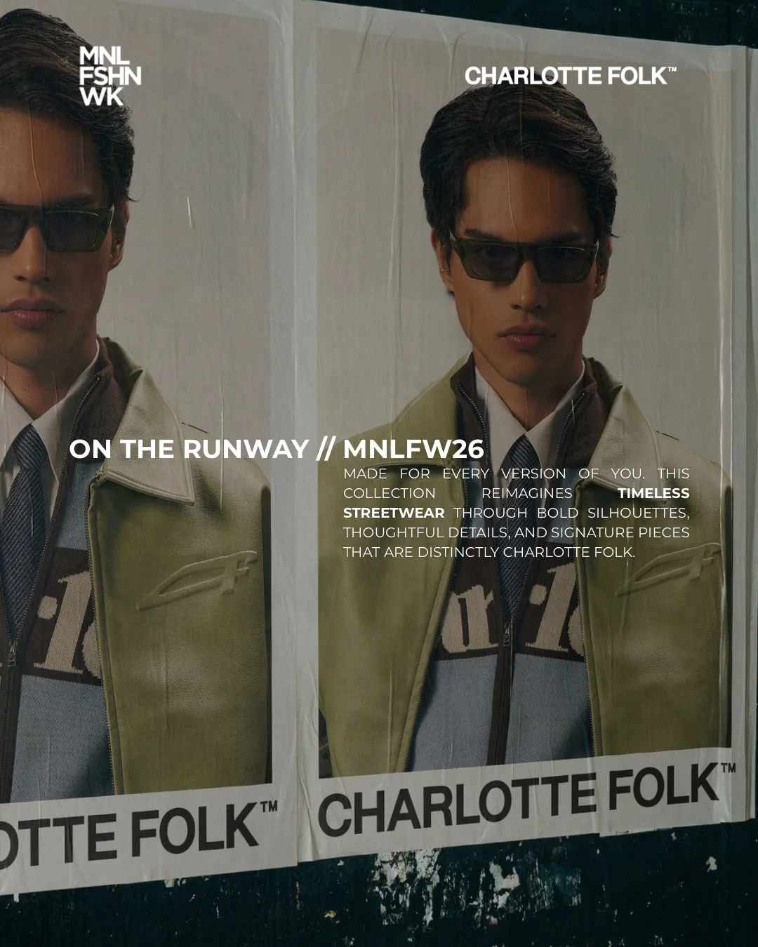 Charlotte Folk model in a sage leather collared jacket over a knit crewneck, sunglasses framing the look