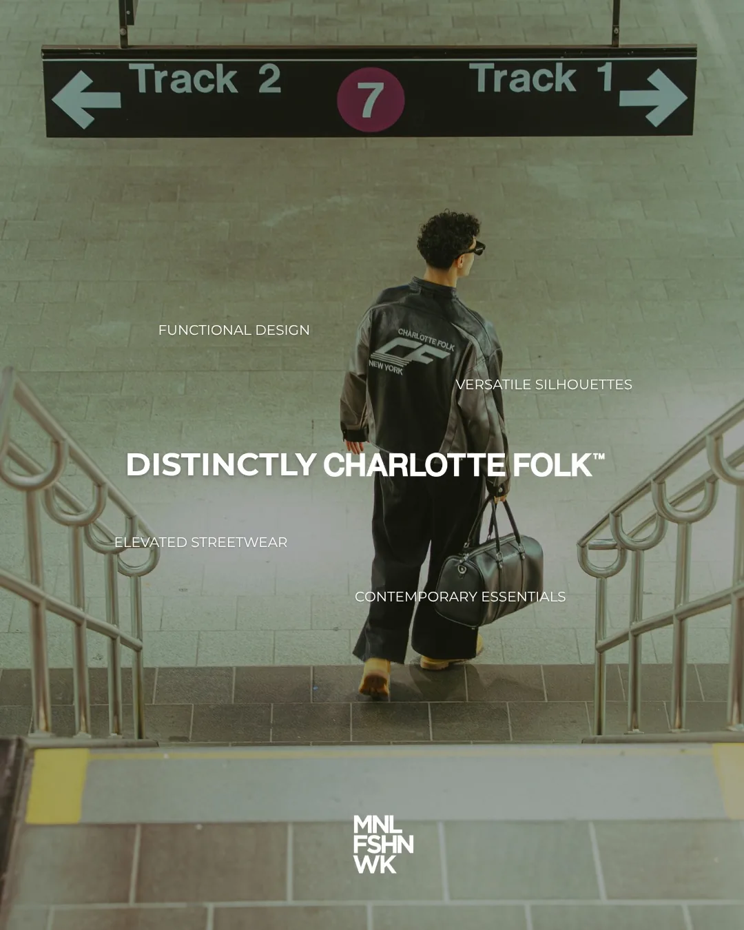 Charlotte Folk New York moto jacket and duffel, photographed descending a subway staircase