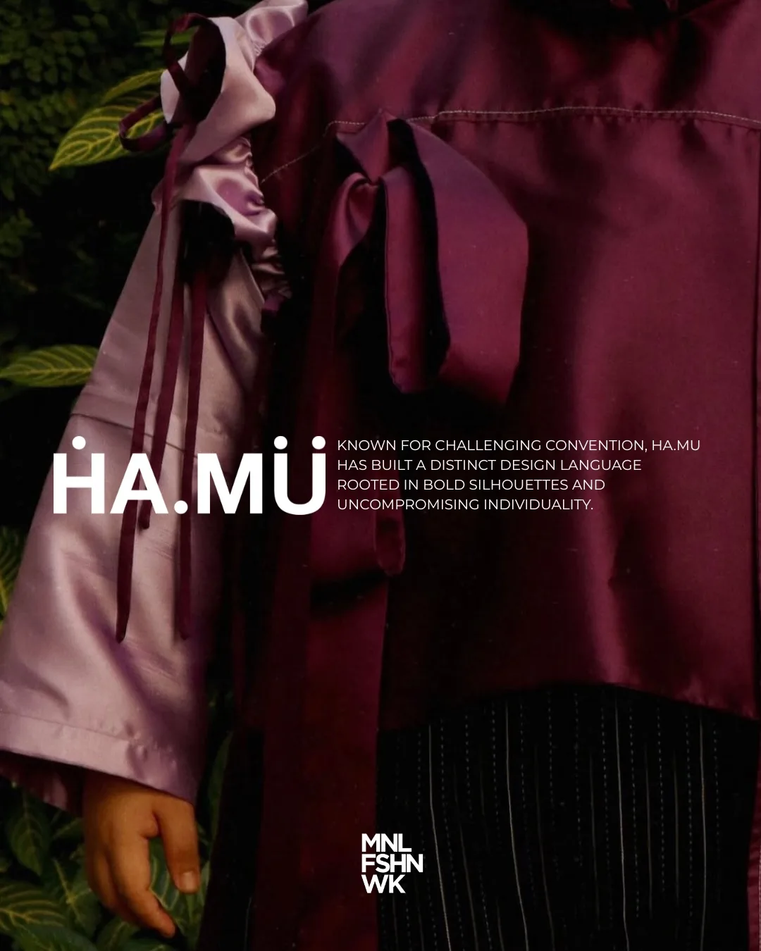 Two Ha.Mu. looks in pinstripe colour-block silhouettes with contrast panelling and sculptural shoulders