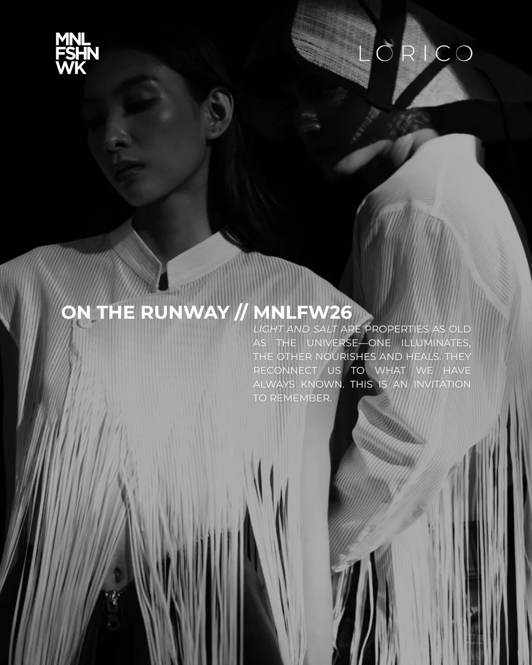 Two models in pleated white Lorico garments with long cascading fringe