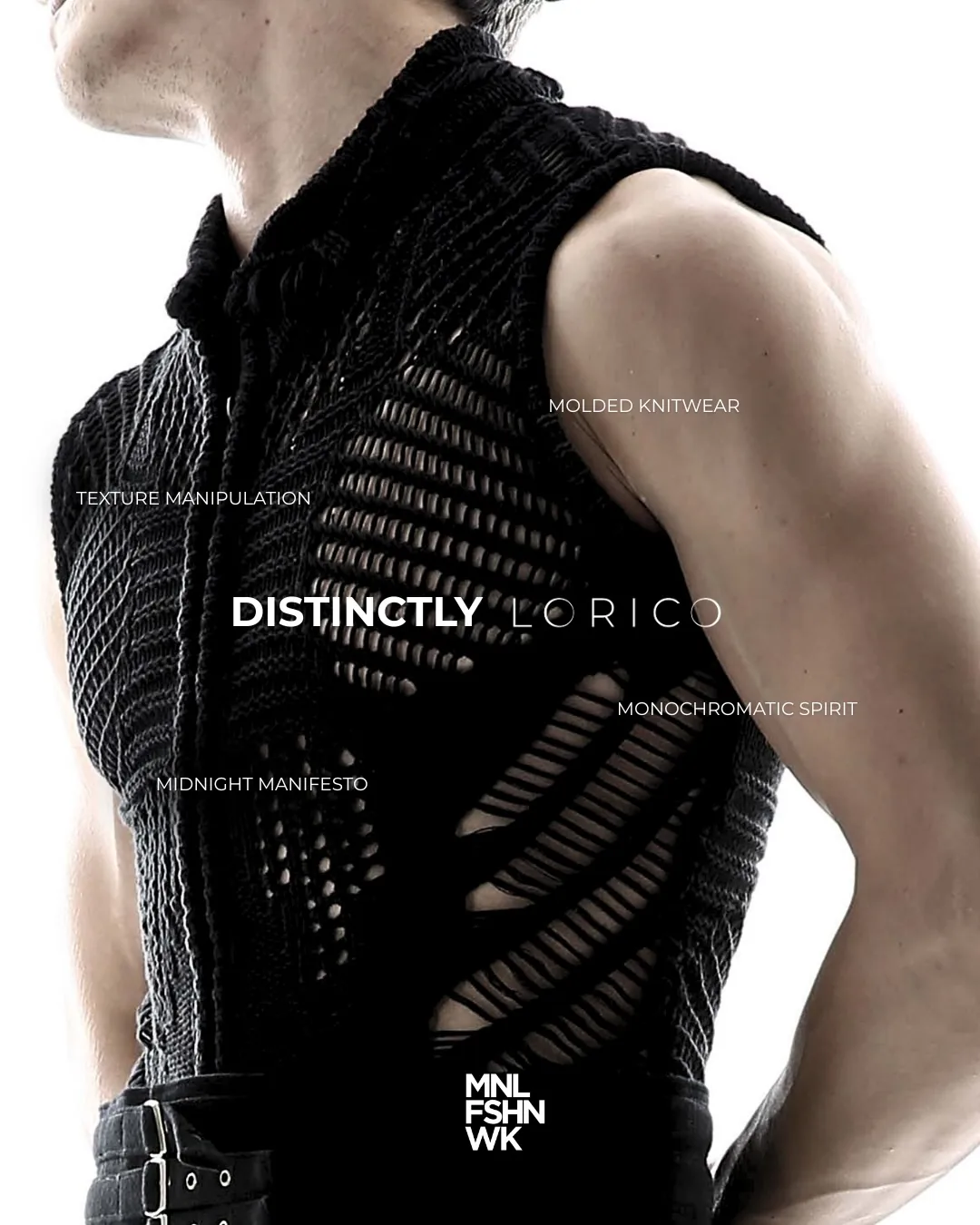 Close view of a black molded knitwear vest with open laddered textures by Lorico