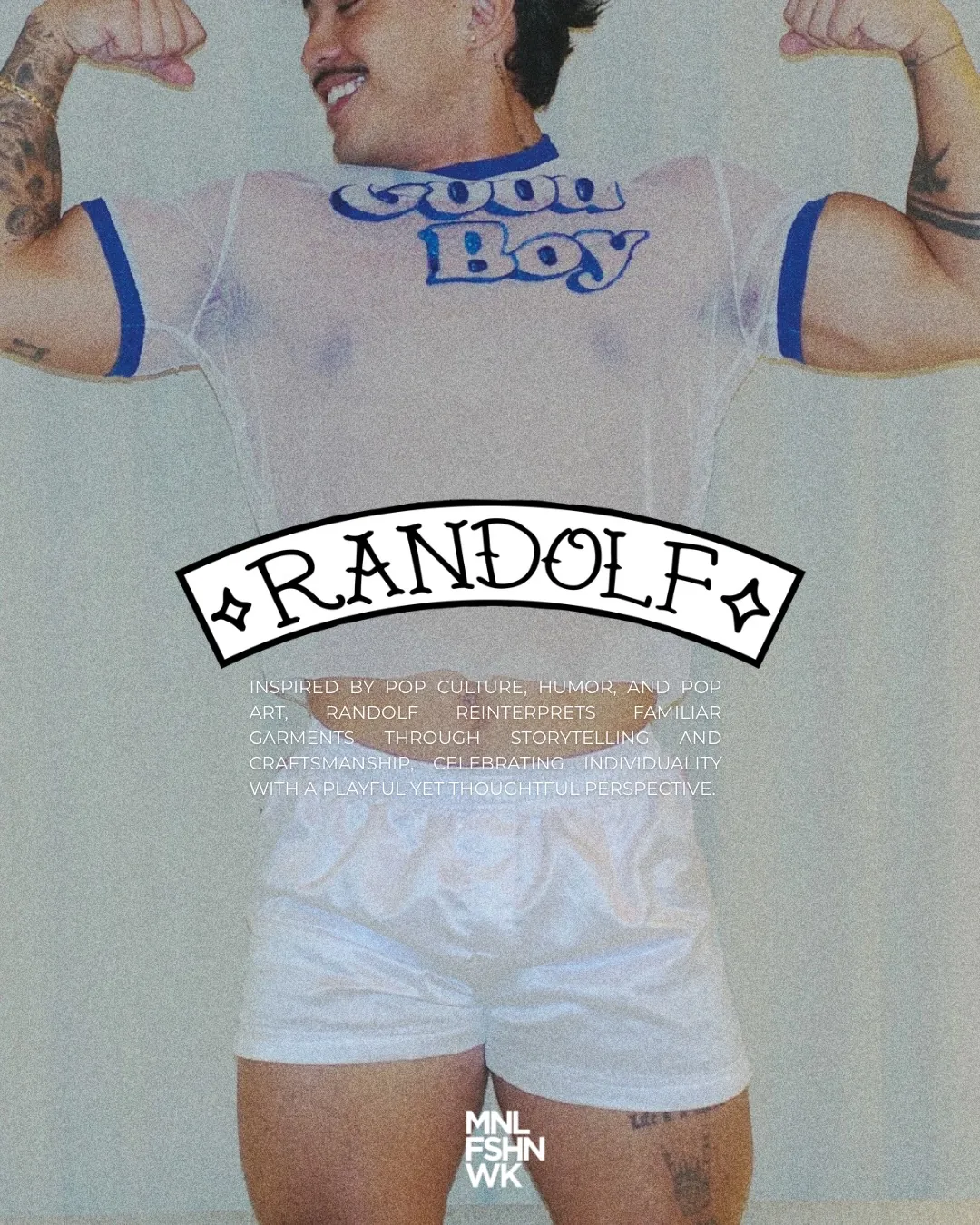 Two Randolf campaign models in a pink sherpa heart-shaped jacket and denim workwear with tattoo-flash hand appliqués