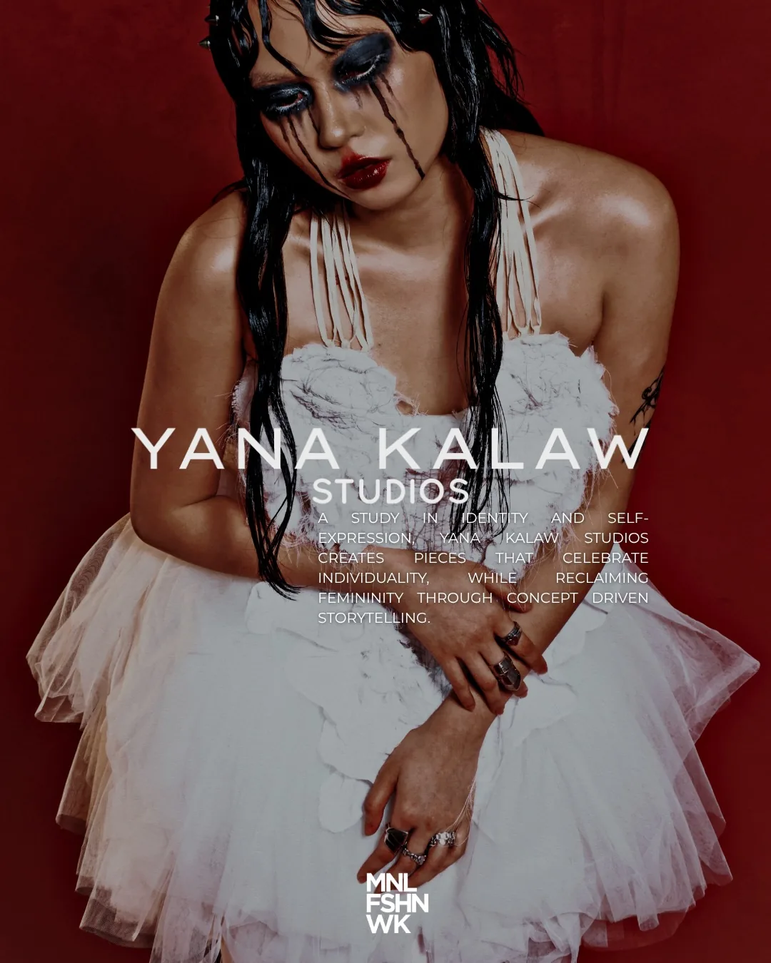 Yana Kalaw Studios rust-toned corset and sheer fringed skirt with white thread embroidery