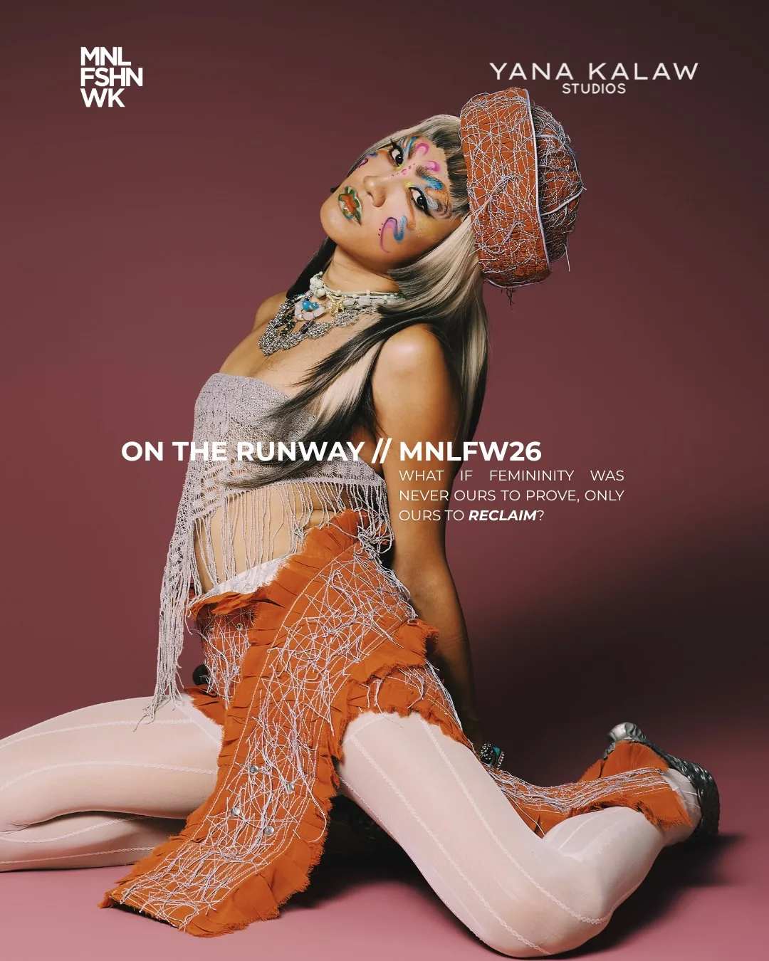 Yana Kalaw Studios rust fringed skirt detail styled with orange stiletto heels